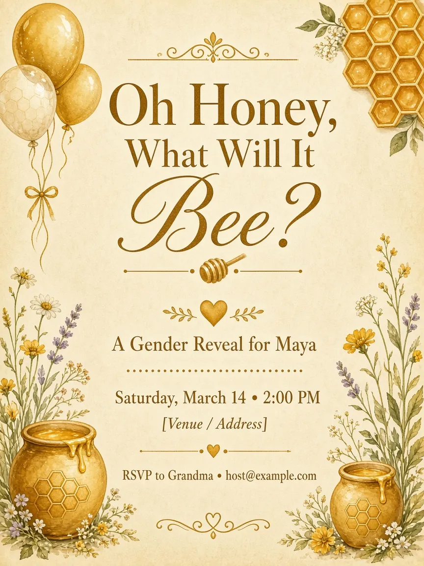 Honey bee gender reveal invitation